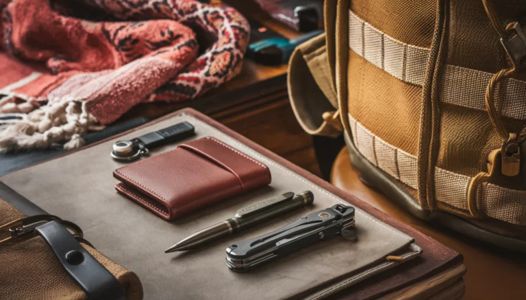 The image showcases a stylish, modern men's travel setup with a sleek mechanical pencil, minimalist wallet, versatile multitool, and compact keychain on a textured surface, set against a backdrop hinting at adventure with a Turkish towel and multi-functional backpack, all in earth tones and metallic accents, creating a cohesive and practical aesthetic appealing to design-conscious men in the USA.